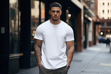 Man wearing a white T-shirt standing on a street mock up - obrazy, fototapety, plakaty