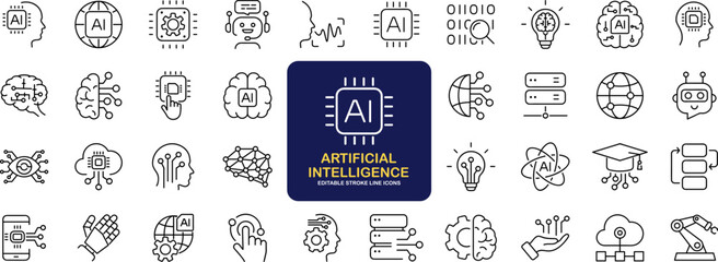 Artificial intelligence set of web icons in line style. AI technology icons for web and mobile app. Machine learning, digital AI technology, algorithm, smart robotic, cloud computing network