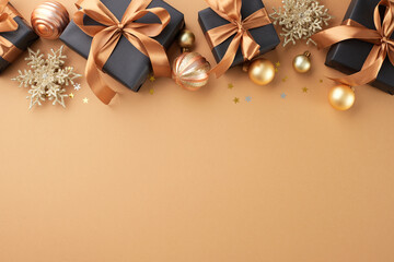 Make your loved ones' holiday season brighter with special gifts. Top view shot of festive gifts,...