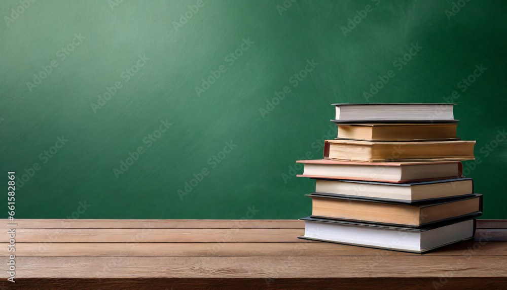 Aufkleber stack of books on empty wooden table with green wall background