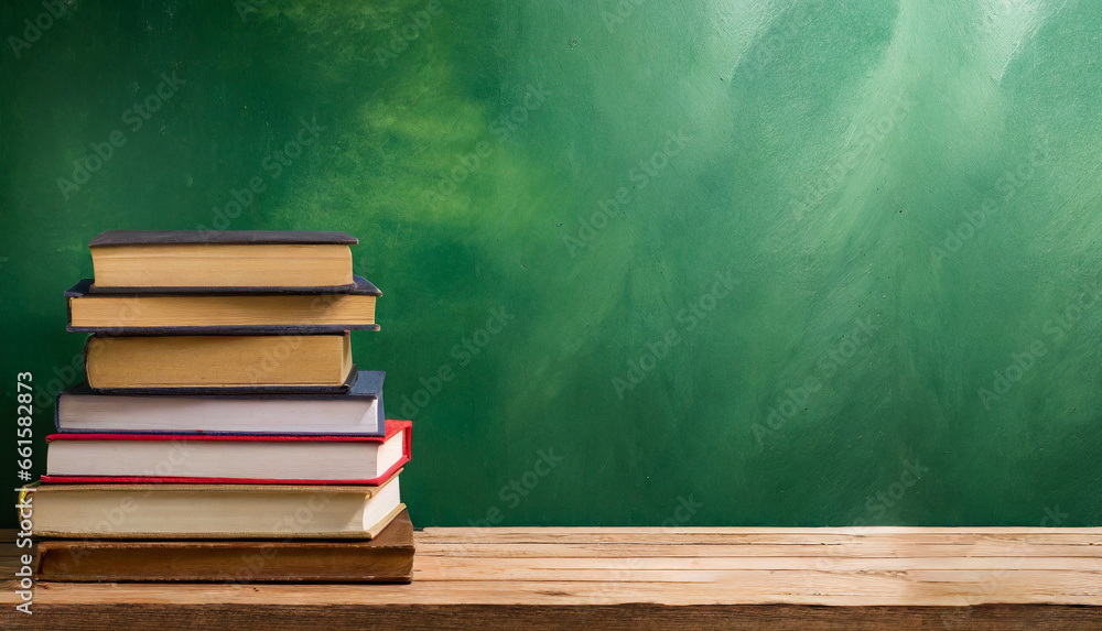 Aufkleber Stack of books on empty wooden table with green wall background