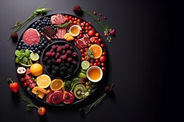 performance catering with fruits and good meat food, generative ai