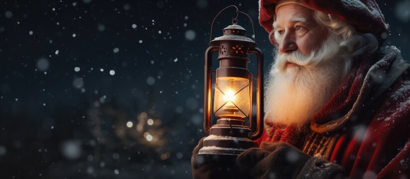 Santa Claus in Snowy Night with Lantern