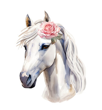 White horse unicorn isolated on white background. Portrait, muzzle. Watercolor illustration. Generative AI