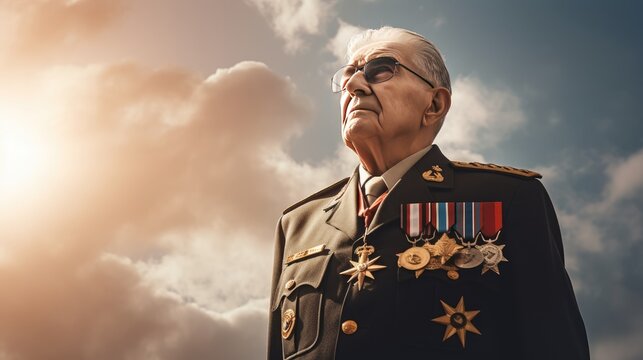 A Lifetime Of Honor: A Decorated Veteran, Grandpa Poses In Uniform And Cap With The Endless Sky As His Backdrop