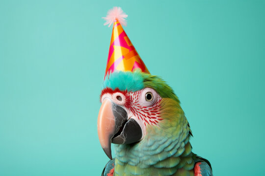 Portrait of colorful macaw parrot bird with party hat