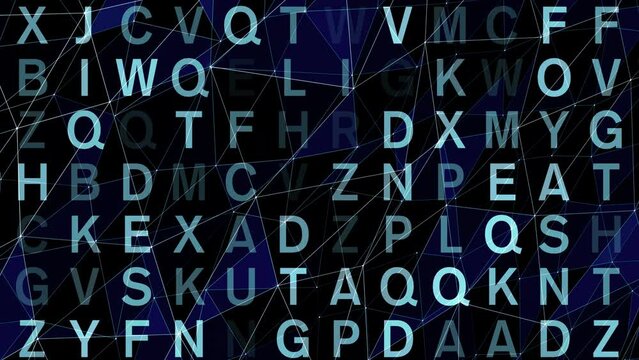 Abstract text and random characters form artistic script in motion. Changing letters on typographic background abstract composition and dynamic typography texture