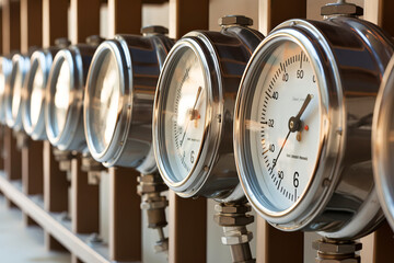 Pressure and flow meters gauges installed in industrial equipment. Industrial zone Close up