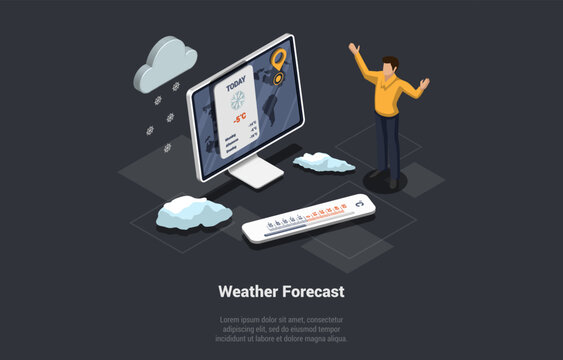 Concept Of Weather Forecast For Every Day of the Week. Online Weatherman Shows In Application On Computer Information About Weather For Coming Period Of Time. Isometric 3D Cartoon Vector Illustration