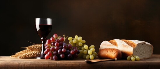 Communion setup with wine grapes bread and wheat