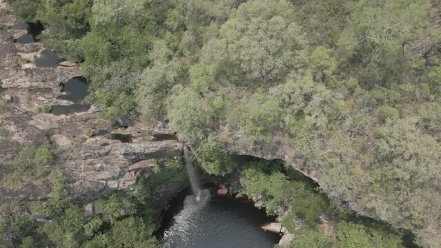 Drone footage of the scenic waterfall Chorro San Luis embedded in a thick, tropical forest near Robor&eacute; in the lowlands of Bolivia - Traveling and exploring South America - raw version