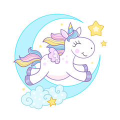 A cheerful rainbow unicorn jumps on the moon with stars. For children's design of prints, posters, cards, stickers, puzzles, football, cruds, etc. Vector illustration