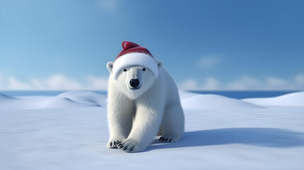 Polar bear in Santa's Claus hat