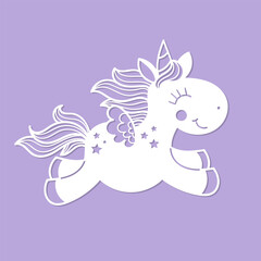 Template for laser cutting. Running little Unicorn. For cutting any material. For the design of cards, invitations, decorative elements, Christmas decorations. Vectorr