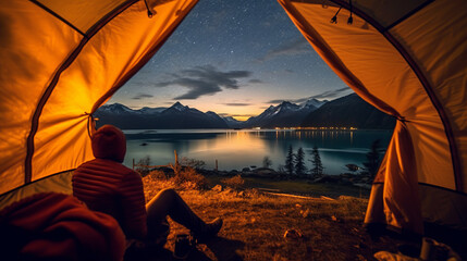 photography The view from inside the tent looks out over the lake, mountains, bonfires.generative ai