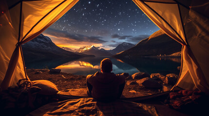 photography The view from inside the tent looks out over the lake, mountains, bonfires.generative ai