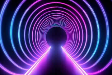 Abstract glowing light tunnel in the dark with rounded pink blue neon lines on an ultraviolet spectrum. Generative AI - obrazy, fototapety, plakaty
