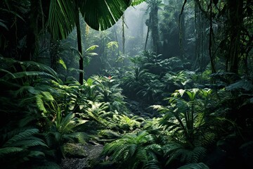 Lush vegetation revealing an eerie ambiance of dense foliage in a tropical rainforest. Generative AI - obrazy, fototapety, plakaty