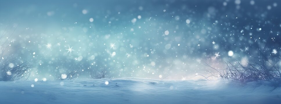 banner, winter background, forest and falling snow and snowflakes, trees frost