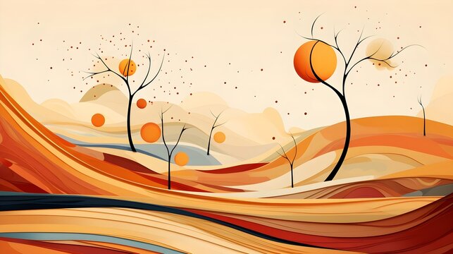 Autumn landscape wonderland forest with grass land, Mid autumn natural in orange foliage, Fall season with beautiful  view with sunset behind mountain and maples leaves falling from trees