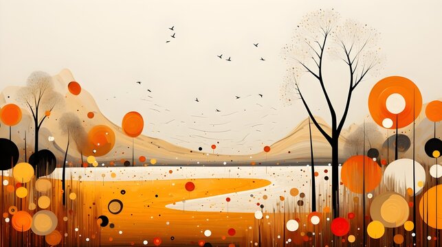 Autumn landscape wonderland forest with grass land, Mid autumn natural in orange foliage, Fall season with beautiful  view with sunset behind mountain and maples leaves falling from trees