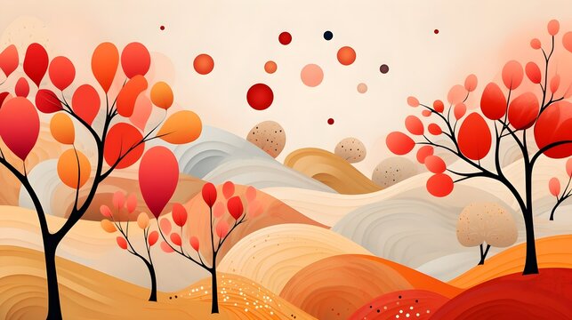 Autumn landscape wonderland forest with grass land, Mid autumn natural in orange foliage, Fall season with beautiful  view with sunset behind mountain and maples leaves falling from trees