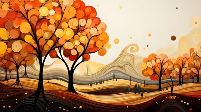 Autumn landscape wonderland forest with grass land, Mid autumn natural in orange foliage, Fall season with beautiful  view with sunset behind mountain and maples leaves falling from trees