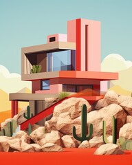 A surrealist masterpiece depicting a house built of cactuses and rocks, reaching towards the endless sky, its architectural design blending seamlessly with the natural surroundings