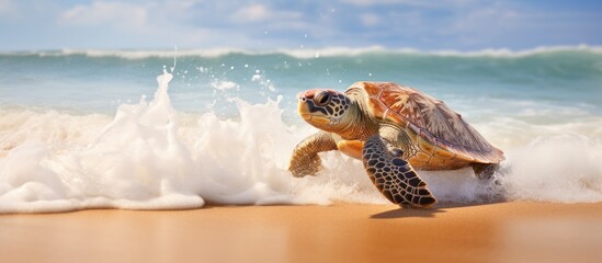 Loggerhead turtles Caretta caretta are endangered in Sri Lanka due to declining numbers and face obstacles as they make their way to breeding grounds on tropical beaches in the Indian Ocean  - obrazy, fototapety, plakaty