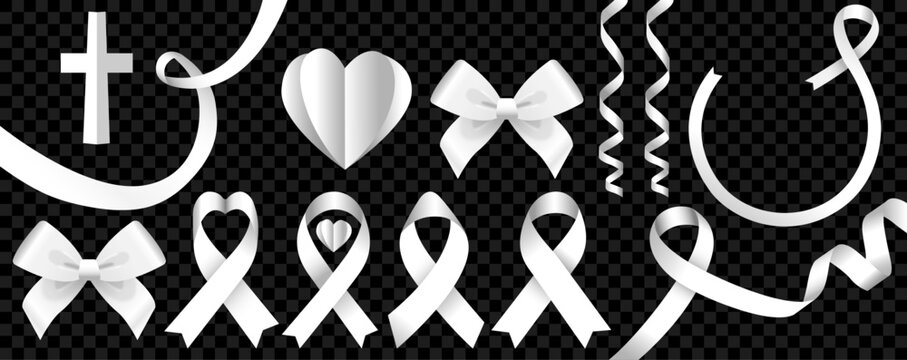 List&oacute;n, cruz y mo&ntilde;o ribbon blanco de diferentes formas para el luto, difuntos, boda 