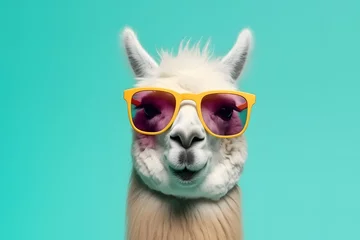 Selbstklebende Fototapeten Llama in sunglass shade glasses isolated on solid pastel background, Fashion, Animals, Wide banner with space for text at side. © darkmooondesgin