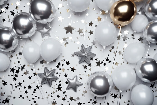 New Year's Eve composition. Star - shaped decorations, silver confetti, festive balloons on a glimmering platinum velvet. Flat lay, top view. Copy space. Banner backdrop © Stock Habit