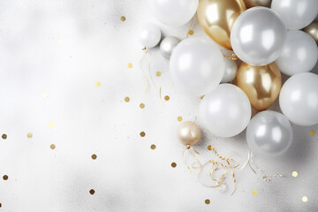 New Year's composition. festive balloons, noise makers on glittering silver background. Flat lay,...