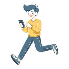Character holding smartphone. People use mobile phones, chat, surf the internet. Flat vector illustration isolated on background.