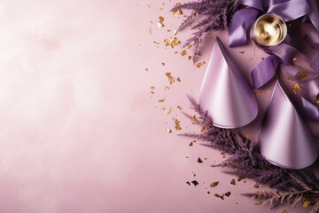 New Year's composition. Party hats, golden streamers, champagne flutes on a dreamy lavender velvet...