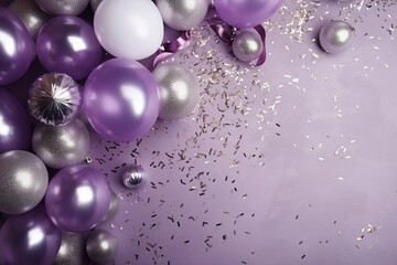 New Year's composition. Party hats, golden streamers, champagne flutes on a dreamy lavender velvet surface. Flat lay, top view. Copy space. Banner backdrop