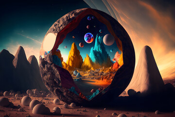 surreal desert landscape with transparent interdimensional portal bubble with distant colorful moutains, neural network generated art. Digitally generated image. Not based on any actual person, scene