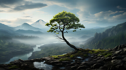 A lonely tree is growing on the lava of a volcano, nature background