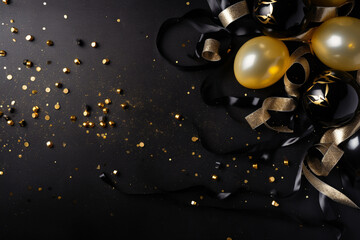 New Year's Eve composition. Champagne glasses, golden streamers, party hats on a matte black fabric background. Flat lay, top view. Copy space. Banner backdrop