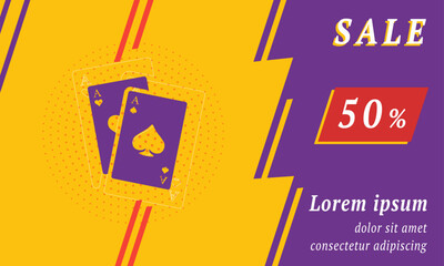 Sale promotion banner with place for your text. On the left is the two aces symbol. Promotional text with discount percentage on the right side. Vector illustration on yellow background