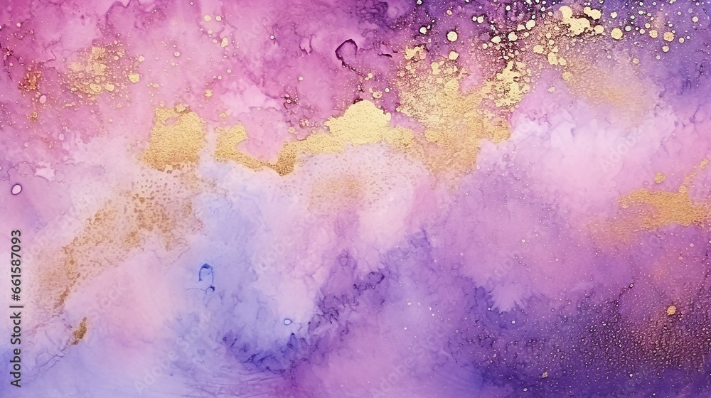 Poster purple pink fluid art watercolor background with golden glitter