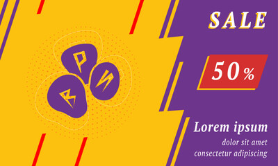 Sale promotion banner with place for your text. On the left is the divination stones symbol. Promotional text with discount percentage on the right side. Vector illustration on yellow background