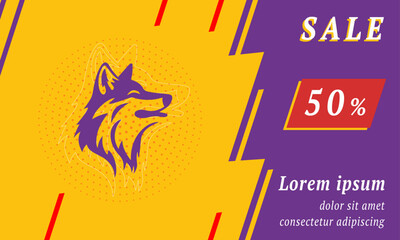 Sale promotion banner with place for your text. On the left is the wolf head. Promotional text with discount percentage on the right side. Vector illustration on yellow background