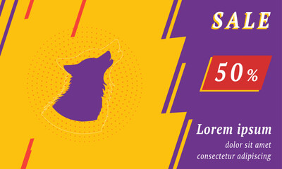 Sale promotion banner with place for your text. On the left is the wolf head symbol. Promotional text with discount percentage on the right side. Vector illustration on yellow background