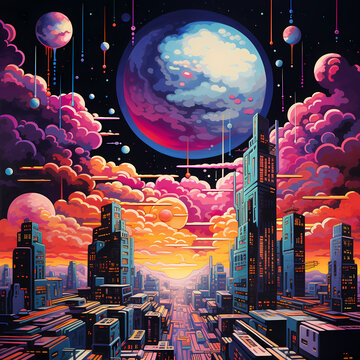 illustration of human go adventure on mystery planet looking at the wonders of cosmos. Beautiful planet landscape in pop lofi art style.