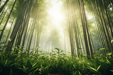 bamboo forest at sunset, Generative AI