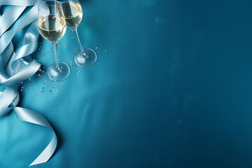 New Year's Eve composition. Silver streamers, party hats, champagne flutes on a captivating cerulean silk. Flat lay, top view. Copy space. Banner backdrop - obrazy, fototapety, plakaty