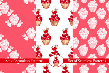 set of seamless patterns with sweets, cup-cake with tasty strawberry