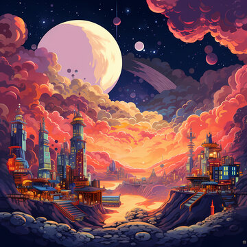 illustration of human go adventure on mystery planet looking at the wonders of cosmos. Beautiful planet landscape in pop lofi art style.