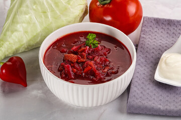 Borsch soup with cabbage and beetroot